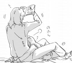 1boy 1girl absurdres arms_up barefoot bed_sheet book curse_maker curse_maker_1 doctor_magus doctor_magus_4 etrian_odyssey facing_away highres holding holding_book long_hair long_sleeves nikki_kyousuke open_book pajamas pants sitting sleeves_past_wrists very_long_hair watermark white_background