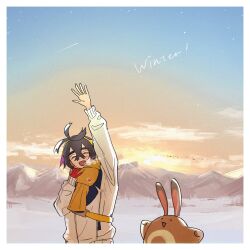 1boy arm_up black_hair closed_eyes commentary creatures_(company) crossed_bangs game_freak gen_2_pokemon gloves hairband highres jacket kieran_(pokemon) long_sleeves mountain multicolored_hair nintendo open_mouth orange_scarf outdoors pokemon pokemon_(creature) pokemon_sv purple_hair rcry_po red_gloves scarf sentret single_glove sky snow sunrise waving white_jacket winter yellow_hairband