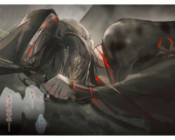 1boy bishounen black_hair black_hanfu blood blood_on_clothes blood_on_ground chinese_clothes chinese_text crying crying_with_eyes_open grey_eyes hair_over_one_eye hair_ribbon hanfu highres implied_yaoi injury long_hair long_sleeves looking_at_viewer lying male_focus modao_zushi on_side ponytail red_ribbon ribbon robe sleeves_past_wrists solo speech_bubble tears thought_bubble upper_body wei_wuxian wet wet_hair wide_sleeves xianyu_tuitui