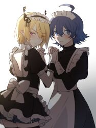 Rule 34 | 2boys, ahoge, alternate costume, apron, black thighhighs, blonde hair, blue eyes, blue hair, blush, bow, crossdressing, crossdressing (mtf), enmaided, gloves, hair between eyes, highres, holding hands, horns, long sleeves, looking at viewer, maid, maid apron, maid headdress, mairimashita! iruma-kun, male focus, multiple boys, puffy long sleeves, puffy sleeves, shax lead, short hair, short sleeves, suzuki iruma, sweatdrop, thighhighs, white background, white gloves, yellow eyes, zake (pixiv39811487), zettai ryouiki