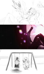Rule 34 | 2girls, absurdres, commentary, elysia (honkai impact), elysia (miss pink elf) (honkai impact), from behind, hair ornament, highres, honkai (series), honkai impact 3rd, long hair, mi (27782900), multiple girls, partially colored, raiden mei, raiden mei (danzai spectramancer), stab, swing set, sword, thumbnail collage, weapon