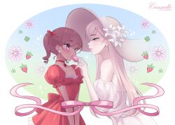 Rule 34 | 2girls, artist name, bare shoulders, blue eyes, breasts, brown hair, cannellettes, closed mouth, commentary, dark-skinned female, dark skin, dress, earrings, english commentary, flower, food, fruit, highres, jewelry, lily (flower), long hair, looking at another, multiple girls, off-shoulder dress, off shoulder, open mouth, original, pink ribbon, purple eyes, purple flower, red dress, ribbon, small breasts, strawberry, twintails, white dress, white flower, yuri