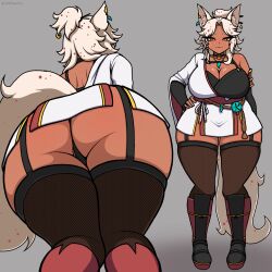 1girl :3 absurdres animal_ear_fluff animal_ears artist_name ass ass_focus bell black_choker black_garter_straps black_sleeves black_thighhighs boots braid breasts choker cleavage closed_mouth commentary commission curtained_hair dark-skinned_female dark_skin detached_sleeves dress english_commentary facial_mark fox_ears fox_girl fox_tail from_behind full_body garter_straps grey_background hand_on_own_hip highres huge_ass huge_breasts jewelry long_legs looking_at_viewer medium_hair multicolored_eyes multiple_views neck_bell necklace original red_eyes saltdrawyou simple_background single_bare_shoulder smile standing tail thick_eyebrows thigh_boots thighhighs twitter_username two-tone_eyes white_dress white_hair white_tail wide_hips yellow_eyes