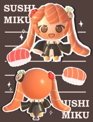 Rule 34 | 1girl, 3d, alternate costume, alternate hair color, blunt ends, blush, chibi, chibi only, detached sleeves, dress, fins, fish (food), fish tail, hatsune miku, highres, ikura (food), lavy (lavnko), orange hair, sushi hair ornament, tail, twintails, vocaloid