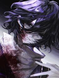 Rule 34 | 1boy, black eyes, black hair, black jacket, blood, blood on clothes, blood on face, chinese commentary, chromatic aberration, commentary request, hair between eyes, highres, jacket, lllzlllz, long bangs, male focus, pale skin, portrait, saibou shinkyoku, shirt, short hair, solo, utsugi noriyuki, white shirt
