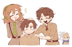 Rule 34 | 1girl, 3boys, arm behind back, artist name, axis powers hetalia, belgium (hetalia), belt, black belt, blue scarf, blush, bow, breast pocket, brown hair, brown jacket, brown shirt, buttons, closed eyes, coat, collared jacket, collared shirt, fingernails, green bow, green eyes, green hairband, green necktie, hair bow, hairband, half-closed eyes, hand on another&#039;s head, hands on another&#039;s shoulders, highres, jacket, long sleeves, looking at another, looking up, multiple boys, necktie, netherlands (hetalia), notice lines, one eye closed, open mouth, petting, pocket, puffy long sleeves, puffy sleeves, rchyl, scarf, shirt, short hair, simple background, sleeves rolled up, smile, smoke, smoking, smoking pipe, southern italy (hetalia), spain (hetalia), spiked hair, standing, striped clothes, striped scarf, teeth, upper body, v-shaped eyebrows, white background, yellow coat