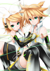 1boy 1girl absurdres aqua_eyes arm_warmers bare_shoulders black_thighhighs blonde_hair brother_and_sister detached_sleeves hair_ornament hair_ribbon hairclip headphones hetero highres hug kagamine_len kagamine_len_(append) kagamine_rin kagamine_rin_(append) leg_warmers navel popped_collar ribbon school_uniform serafuku short_hair shorts shuuichi_(gothics) siblings sitting smile thighhighs twins twintails vocaloid vocaloid_append