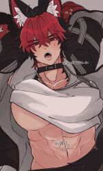 1boy abs animal_ears black_choker black_jacket blush choker dog_boy highres inuinuinu_u jacket jewelry komano_manato large_pectorals looking_at_viewer male_focus multicolored_hair multiple_scars muscular muscular_male necklace open_clothes open_jacket open_mouth pectorals red_eyes scar scar_on_face shirt short_hair solo white_shirt zenless_zone_zero