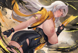 1girl ahoge between_fingers bird black_bird black_gloves black_shorts breasts commentary cowboy_shot cropped_jacket dutch_angle english_commentary exlic fingerless_gloves floating_hair gloves grey_hair hair_ornament hairclip high-waist_shorts holding holding_ofuda jacket large_breasts long_hair looking_at_viewer nipples open_clothes open_jacket paid_reward_available patreon_username shorts smile solo standing variant_set very_long_hair yellow_eyes yellow_jacket yin_yang_pin yixuan_(zenless_zone_zero) zenless_zone_zero
