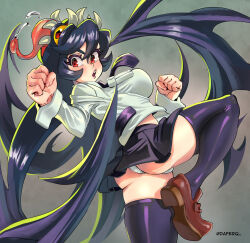 Rule 34 | 1girl, ass, blush, breasts, clenched hands, colored sclera, cowboy shot, daferq, filia (skullgirls), gradient background, grey background, highres, knee up, large breasts, long hair, looking at viewer, looking back, necktie, open mouth, panties, pleated skirt, prehensile hair, purple hair, red eyes, samson (skullgirls), school uniform, sharp teeth, shoes, skirt, skullgirls, solo, teeth, thighhighs, tongue, tongue out, twisted torso, underwear, upskirt, yellow sclera