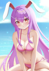 1girl absurdres animal_ears artist_name beach bikini blue_sky blush breasts cleavage collarbone commentary day front-tie_bikini_top front-tie_top highres hyakuya_iori long_hair looking_at_viewer navel ocean outdoors parted_lips pink_bikini purple_hair rabbit_ears rabbit_girl red_eyes reisen_udongein_inaba sand side-tie_bikini_bottom signature sky solo sun swimsuit touhou twitter_username water