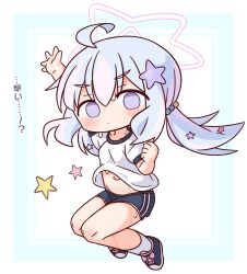 1girl ahoge arm_up blue_archive blue_border blue_hair blue_shoes blue_shorts blush border chibi closed_mouth empty_eyes full_body gym_shirt gym_shorts gym_uniform hair_between_eyes hair_ornament halo hana_kazari highres long_hair looking_at_viewer low_twintails multicolored_hair navel pink_hair puffy_short_sleeves puffy_sleeves purple_eyes reisa_(blue_archive) shirt shoes short_sleeves shorts socks solo star_(symbol) star_hair_ornament sweat translation_request twintails two-tone_hair v-shaped_eyebrows white_background white_border white_shirt white_socks