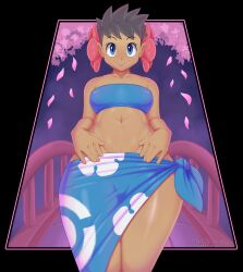 1girl absurdres bare_shoulders black_border black_hair blue_eyes blue_sarong border breasts bride cherry_blossoms closed_mouth cowboy_shot dark-skinned_female dark_skin falling_petals flower hair_flower hair_ornament highres looking_at_viewer medium_breasts mehlewds navel nintendo petals phoebe_(pokemon) pokemon pokemon_rse sarong short_hair smile solo standing strapless tube_top