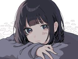 Rule 34 | 1girl, :3, asleep onthebed, blunt bangs, brown eyes, brown hair, crossed arms, doodle inset, highres, leaning on self, long sleeves, looking at viewer, original, pixel art, short hair, solo, upper body, white background
