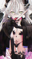 1girl absurdres black_cloak black_hands black_panties black_thighhighs body_markings breasts candy choker cloak colored_extremities crossed_bangs demon_girl demon_horns demon_wings ear_piercing fate/grand_order fate_(series) food green_eyes grey_hair hair_between_eyes highres horns leaning_forward lilith_(fate) lilith_(second_ascension)_(fate) lollipop long_hair looking_at_viewer medium_breasts navel open_mouth panties piercing pointy_ears skeymd smile solo stomach_tattoo tattoo thighhighs thighs tongue tongue_out twintails underwear very_long_hair wings