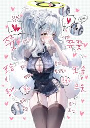 1girl absurdres alternate_breast_size black_dress black_thighhighs blue_archive blush breasts china_dress chinese_clothes cleavage cowboy_shot cross_hair_ornament dress drone fingernails garter_straps green_eyes green_halo grey_hair hair_ornament halo hare_(blue_archive) heart highres large_breasts long_hair looking_at_viewer ponytail sleeveless sleeveless_dress solo spoken_heart tandohark thighhighs white_fur