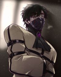 1boy backlighting bags_under_eyes belt black_hair blood blood_in_hair bloodshot_eyes bloody_tears blue_eyes brooch covered_mouth dilated_pupils dim_lighting e.g.o_(project_moon) frills gem highres jewelry limbus_company looking_at_viewer male_focus messy_hair meursault_(project_moon) project_moon purple_gemstone regret_(e.g.o) short_hair solo straitjacket surplus9570 sweatdrop upper_body window_light