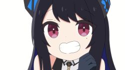 &gt;_&lt; 1girl :3 :d :q =_= ^_^ animated arm_up asymmetrical_horns audible_speech black_hair blue_hair cheu claw_pose clenched_teeth closed_eyes colored_inner_hair demon_horns dot_nose english_audio multiple_expressions hand_up hands_on_own_cheeks hands_on_own_face highres hololive hololive_english horns laughing long_hair looking_at_viewer mole mole_under_eye multicolored_hair nerissa_ravencroft one_eye_closed open_mouth pointing pointing_at_viewer portrait red_eyes simple_background smile solo sound teeth tongue tongue_out two-tone_hair uneven_horns uwu video virtual_youtuber white_background