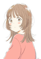 1girl :c absurdres blunt_bangs blunt_ends blush_stickers brown_eyes brown_hair closed_mouth dot_nose expressionless eyebrows from_behind from_side highres itunohika long_hair long_sleeves looking_at_viewer looking_back looking_to_the_side muted_color no_pupils original pale_color signature simple_background solo tareme thick_eyebrows upper_body white_background