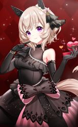 1girl absurdres animal_ears asymmetrical_dress black_dress black_gloves bow box bracelet breasts cleavage closed_mouth cowboy_shot curren_chan_(sakutsuki_ma_cherie)_(umamusume) curren_chan_(umamusume) dress dress_bow ear_covers ear_ornament elbow_gloves extra_ears finger_to_cheek frilled_dress frills gloves hairband heart-shaped_box highres horse_ears horse_girl horse_tail impossible_clothes impossible_dress jewelry kiki-yu layered_dress light_blush light_brown_hair light_smile official_alternate_costume pointing pointing_at_self purple_eyes see-through_clothes see-through_cleavage short_hair single_bare_shoulder skin_tight small_breasts solo tail the_promised_time:_silks_&amp;_three_riddles_(umamusume) umamusume valentine veil w_arms