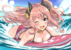 1girl ;3 ;d bare_shoulders bikini black_horns blue_sky blush breasts cleavage cloud collarbone commentary day demon_girl demon_horns floating_hair gold_horns horns ito_ryo long_hair looking_at_viewer lying medium_breasts multicolored_horns ocean official_alternate_costume on_stomach one_eye_closed one_side_up open_mouth pink_hair princess_connect! red_bikini sidelocks sky smile solo string_bikini surfboard suzuna_(princess_connect!) suzuna_(summer)_(princess_connect!) swimsuit two-tone_horns