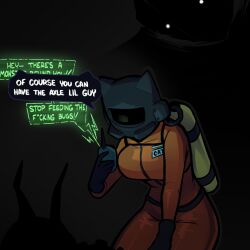 1girl 1other animal_ears animal_ears_helmet animal_helmet bent_over black_gloves bodysuit bracken_(lethal_company) breasts cat_ears cat_helmet commentary english_commentary english_text fake_animal_ears gloves glowing glowing_eyes hazmat_suit highres hoarding_bug_(lethal_company) holding holding_walkie-talkie large_breasts lethal_company name_tag orange_bodysuit oxygen_mask oxygen_tank strapless talking tekona tube walkie-talkie white_eyes worker_(lethal_company)