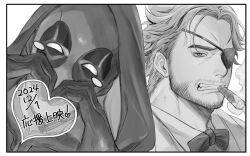 2boys beard blush_stickers cigar deadpool deadpool_&amp;_wolverine deadpool_(series) eyepatch facial_hair formal_clothes gloves heart heart_hands highres hood hood_up hoshiimopotato jacket looking_at_viewer male_focus marvel marvel_cinematic_universe mask monochrome mouth_hold multiple_boys patch_(wolverine) shirt short_hair smoke smoking wolverine_(x-men) x-men