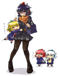 4girls =_= bespectacled blonde_hair chibi cosmic_break drooling freckles glasses glomp hand_in_pocket hug multiple_girls multiple_persona pantyhose red_hair scarf school_uniform short_hair skirt skj thighhighs white_hair winberrl yawning