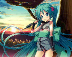 1girl aqua_eyes aqua_hair bow female_focus hair_bow hair_ribbon hatsune_miku hisasi japanese_clothes kunai long_hair nature ninja outdoors panties pantyshot ribbon sky smile solo striped_clothes striped_panties sunset twintails underwear very_long_hair vocaloid weapon yamaha