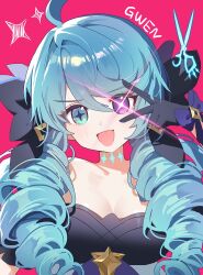 1girl :d ahoge bare_shoulders black_bow black_dress black_gloves blue_hair blush bow breasts cleavage dress drill_hair gloves glowing glowing_eye green_eyes gwen_(league_of_legends) hair_bow heterochromia highres holding holding_scissors large_breasts league_of_legends long_hair looking_at_viewer nokonoko_987 open_mouth pink_background purple_eyes scissors simple_background smile solo star-shaped_pupils star_(symbol) symbol-shaped_pupils twin_drills twintails upper_body v v_over_eye