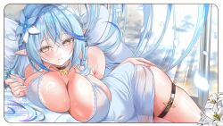 ahoge bare_shoulders blue_dress blue_hair border breasts cleavage collarbone cowboy_shot dress earrings elf flower hair_flower hair_ornament heart heart_ahoge highres hololive jewelry large_breasts mizuno_kurage pointy_ears see-through_clothes see-through_dress skindentation spaghetti_strap thigh_strap thighs virtual_youtuber watermark white_border white_flower white_petals yellow_eyes yukihana_lamy