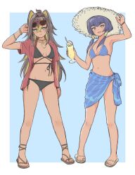 2girls adjusting_clothes adjusting_eyewear adjusting_headwear animal_ears arm_up bikini black_bikini black_hair blonde_hair blue_background blue_bikini blue_eyes blue_hair blue_sarong border bracelet candace_(genshin_impact) cat_ears cocktail_glass commentary cup dehya_(genshin_impact) drinking_glass earrings eyewear_on_head full_body genshin_impact hair_tubes hat heterochromia highres holding holding_cup jewelry long_hair looking_at_viewer medium_hair multicolored_hair multiple_girls necklace noe_aoikaba outside_border parted_lips red_shirt sandals sarong shirt side-tie_bikini_bottom sidelocks simple_background standing streaked_hair sun_hat sunglasses swimsuit swimsuit_under_clothes two-tone_hair white_border yellow_eyes