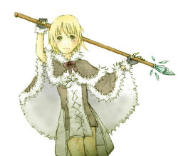 1girl black_gloves blonde_hair blush brown_cape brown_dress brown_eyes cape closed_mouth commentary_request cowboy_shot dress fingerless_gloves fur-trimmed_cape fur-trimmed_gloves fur_trim gloves high_wizard_(ragnarok_online) holding holding_staff layered_dress looking_at_viewer mimi_(caramel-candy) ragnarok_online short_hair simple_background solo staff two-tone_dress white_background white_dress