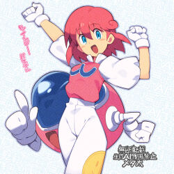 1girl :d adversarial_noise ben-day_dots blue_eyes clenched_hands collared_shirt commentary_request gloves hair_between_eyes hands_up looking_at_viewer medium_hair metata open_mouth pants pastel_(twinbee) pink_hair pink_shirt puffy_sleeves screentones shirt shirt_tucked_in smile twinbee white_background white_gloves white_pants white_sleeves winbee