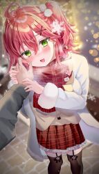 1boy 1girl 35p_(sakura_miko) :3 absurdres ahoge black_thighhighs blurry blurry_background blush breath cardigan coat cold frilled_skirt frills fur-trimmed_sleeves fur_trim garter_straps green_eyes hair_between_eyes hair_ornament highres holding_another&#039;s_wrist holding_hands hololive long_sleeves looking_at_viewer official_alternate_costume open_mouth outdoors pavement pink_hair plaid_clothes plaid_scarf plaid_skirt pleated_skirt pom_pom_(clothes) pom_pom_hair_ornament pov pov_hands red_scarf red_skirt sakura_miko sakura_miko_(casual) scarf shiori_(gotoo0226) skirt smile snowing solo_focus standing thighhighs virtual_youtuber white_coat winter winter_clothes winter_coat yellow_cardigan zettai_ryouiki