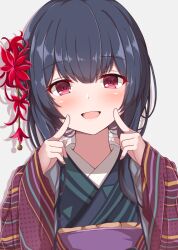 1girl black_hair blush fingers_to_cheeks flower green_kimono hair_flower hair_ornament haori highres idolmaster idolmaster_shiny_colors index_fingers_raised japanese_clothes kimono long_sidelocks long_sleeves looking_at_viewer morino_rinze naruse_nagi obi open_mouth red_eyes red_flower red_haori sash short_hair sidelocks simple_background sleeves_past_wrists smile solo spider_lily striped_clothes striped_kimono upper_body white_background wide_sleeves