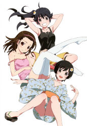 Rule 34 | 3girls, ahoge, araragi karen, araragi tsukihi, arms behind head, black camisole, black eyes, black hair, blue kimono, breasts, brown eyes, brown hair, camisole, closed mouth, collarbone, egg hair ornament, feet up, fingernails, floating, floating hair, food-themed hair ornament, grin, hair between eyes, hair ornament, hairband, hand on own knee, head tilt, highres, indian style, japanese clothes, kimono, leaning to the side, light blush, long hair, long sleeves, looking at viewer, medium breasts, monogatari (series), multiple girls, no shoes, non-web source, obi, official art, open clothes, orange sash, pink camisole, pink hairband, ponytail, print kimono, red footwear, sash, sengoku nadeko, short hair, shorts, siblings, simple background, single off shoulder, sisters, sitting, skirt, small breasts, smile, socks, straight hair, teeth, thighhighs, upper teeth only, watanabe akio, white background, white skirt, white thighhighs, wide sleeves, yellow shorts, yellow socks