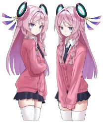1girl absurdres alternate_costume black_necktie black_skirt blue_eyes braid cardigan citlali_(genshin_impact) closed_mouth collared_shirt commentary contemporary dress_shirt embarrassed facial_mark floating_headgear genshin_impact hair_intakes headgear highres hoduttang light_blush long_hair looking_at_viewer multiple_views necktie pink_cardigan pink_hair pink_pupils pleated_skirt school_uniform shirt simple_background skindentation skirt sleeves_past_fingers sleeves_past_wrists thighhighs triangle triangle_facial_mark twin_braids wavy_mouth white_background white_shirt white_thighhighs zettai_ryouiki