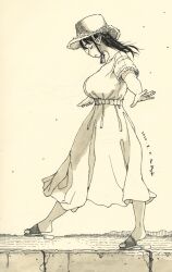 1girl artist_name balancing black_hair closed_eyes dated dress flip-flops hat highres ink_(medium) medium_hair monochrome neyuki_rei ocean on_railing original outstretched_arms painting_(medium) pen_(medium) pointy_ears railing sandals solo spread_arms straw_hat traditional_media walking_on_railing watercolor_(medium)