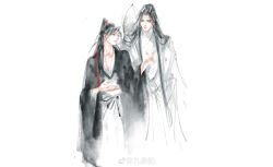 Rule 34 | 2boys, absurdres, black hair, black hanfu, chinese clothes, closed mouth, collarbone, faux traditional media, grey eyes, guqin, hair ribbon, half-closed eyes, hand up, hanfu, headband, height difference, high ponytail, highres, ink wash painting, instrument on back, kcllzas163, lan wangji, long hair, long sleeves, looking at another, male focus, modao zushi, multiple boys, parted lips, ponytail, red ribbon, ribbon, robe, simple background, smile, standing, talking, third-party source, watermark, wei wuxian, weibo watermark, white background, white hanfu, white headband, wide sleeves, yaoi