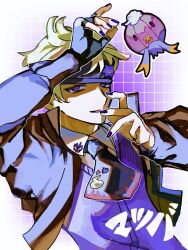 1boy black_jacket blonde_hair blue_gloves collared_shirt drifblim fingerless_gloves game_freak gastly gen_1_pokemon gen_4_pokemon gloves headband jacket long_sleeves looking_at_viewer male_focus morty_(pokemon) necktie nintendo pokemon pokemon_(creature) pokemon_hgss purple_eyes purple_headband purple_nails purple_necktie purple_shirt shirt short_hair simple_background single_glove solo_focus watashigermany white_background
