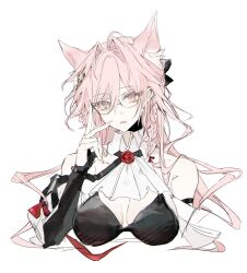 Rule 34 | 1girl, absurdres, arknights, breasts, cleavage, glasses, highres, open mouth, pozyomka (arknights), simple background, solo, tkarn77, white background