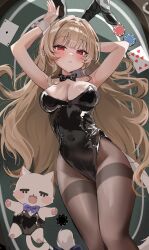 1girl animal_ear_hairband animal_ears armpits arms_up black_leotard black_pantyhose blush bow bowtie breasts brown_hair card cleavage commentary covered_navel doll fake_animal_ears hailiu hairband highleg highleg_leotard highres leotard long_hair looking_at_viewer lying medium_breasts on_back on_table original pantyhose playboy_bunny poker_chip rabbit_ears red_eyes solo strapless strapless_leotard table thighband_pantyhose wrist_cuffs