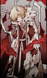 1boy aislan antlers blonde_hair chinese_clothes eastern_dragon_horns full_body fur_collar hanbok highres horns korean_clothes limbus_company long_sleeves looking_at_viewer male_focus project_moon red_background sash short_hair simple_background sinclair_(project_moon) solo standing tears_of_the_tarnished_blood_(e.g.o) white_hanbok white_horns white_sash yellow_eyes