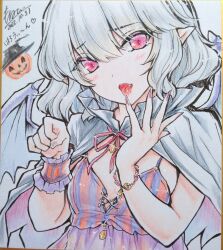Rule 34 | 1girl, 2022, absurdres, artist name, bat wings, black hat, blue bra, blue cloak, blue hair, blush, bra, bracelet, cloak, close-up, commentary request, dated, eyebrows hidden by hair, eyelashes, fang, fingernails, hair between eyes, hair over eyes, halloween, halloween costume, hat, highres, jack-o&#039;-lantern, jewelry, lace, lace-trimmed bra, lace-trimmed cloak, lace trim, looking at viewer, monety, open mouth, paw pose, pendant, pink eyes, pink skirt, pointy ears, pumpkin, purple nails, red bra, red eyes, remilia scarlet, shikishi, short hair, signature, simple background, single wrist cuff, skirt, solo, striped bra, striped clothes, tongue, tongue out, touhou, traditional media, underwear, upper body, vertical-striped bra, vertical-striped clothes, white background, wings, wrist cuffs