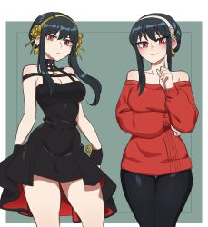 1girl arm_under_breasts bare_shoulders black_dress black_gloves black_hair black_pantyhose border breasts cleavage closed_mouth collarbone commentary cowboy_shot dress earrings fingerless_gloves gloves gold_hairband green_background hairband high_heels highres holding holding_weapon hyyun_ho index_finger_raised jewelry large_breasts looking_at_viewer multiple_views off-shoulder_sweater off_shoulder outside_border pantyhose red_eyes red_sweater sidelocks spy_x_family stiletto_heels sweater sweater_dress weapon white_border white_hairband yor_briar