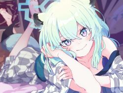 Rule 34 | 1girl, animal ear fluff, animal ears, bath yukata, blue archive, blue halo, blush, breasts, cleavage, crossed bangs, green eyes, green hair, grey kimono, hair between eyes, halo, hand in own hair, hand on own arm, highres, indoors, japanese clothes, kimono, looking at viewer, lying, medium hair, minami linli, multicolored eyes, nail polish, naked kimono, official alternate costume, pink eyes, purple eyes, purple nails, sash, shigure (blue archive), shigure (hot spring) (blue archive), smile, solo, statuette, tail, weasel ears, weasel girl, weasel tail, yukata