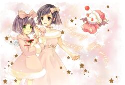 2girls alternate_costume black_hair bob_cut bow christmas closed_eyes commentary_request corsage creature dress eiko_carol final_fantasy final_fantasy_ix flower flying fur-trimmed_dress fur_trim garnet_til_alexandros_xvii green_eyes grey_eyes hair_bow hands_up happy hat holly horns looking_at_another merry_christmas mini_wings mittens mog multiple_girls neck_ribbon off-shoulder_dress off_shoulder onesie open_mouth pink_background pink_bow pink_dress pink_flower pink_mittens pink_ribbon pink_rose purple_hair quichi_91 red_ribbon ribbon rose santa_hat signature single_horn sleeveless sleeveless_dress smile standing star_(symbol) teeth upper_body upper_teeth_only white_flower white_fur white_rose white_wings wings winter_clothes