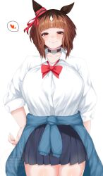 1girl animal_ears black_choker black_skirt blue_jacket blunt_bangs blush bob_cut bow bowtie breasts brown_hair choker closed_mouth clothes_around_waist commentary_request cowboy_shot gyaru heart highres hisagi_(hisagi00) horse_ears horse_girl huge_breasts jacket jacket_around_waist large_breasts looking_at_viewer multicolored_hair pleated_skirt red_bow red_bowtie red_eyes roots_(hair) short_hair simple_background skirt sleeves_rolled_up smile solo spoken_heart transcend_(umamusume) umamusume watermark white_background