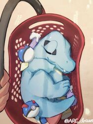 Rule 34 | 1other, arc draws, basket, closed eyes, closed mouth, fang, fang out, gen 2 pokemon, great ball, holding, in basket, in container, lying, nintendo, on side, poke ball, pokemon, pokemon (creature), pokemon focus, potion (pokemon), shopping basket, sleeping, target (store), totodile, twitter username